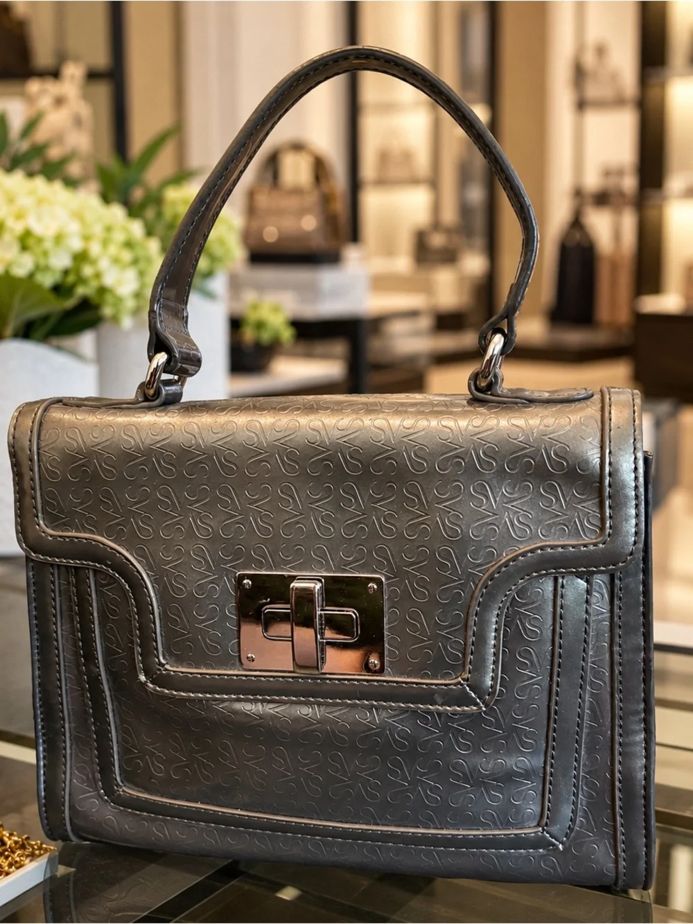 Simply Vera Vera Wang Gray Embossed Satchel Turn Lock Top Handle Purse
